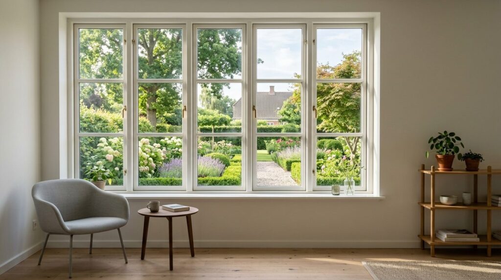 Interior view through traditional Danish Dannebrog windows l