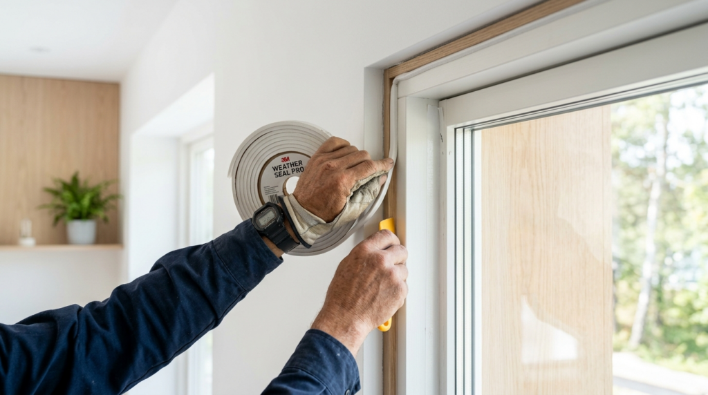 Close-up of skilled carpenters hands installing weather sea