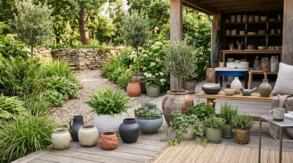 Outdoor garden patio scene featuring finished handmade ceram
