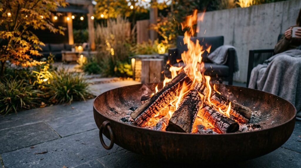Close-up detail shot of a contemporary round fire pit bowl w