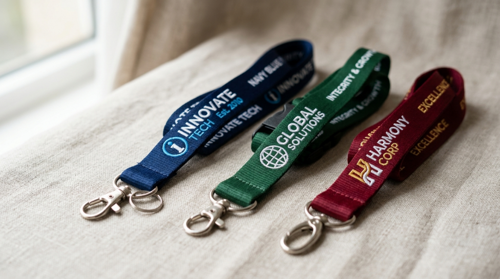 Close-up detail shot of branded neck lanyards with embroider