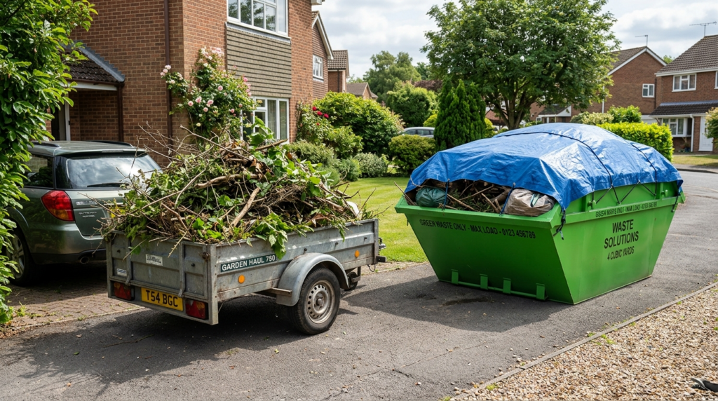 Close-up realistic photograph of garden waste logistics comp