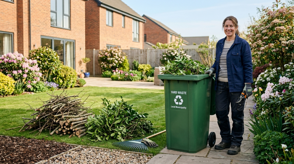 Photorealistic image of a homeowner standing beside a green 