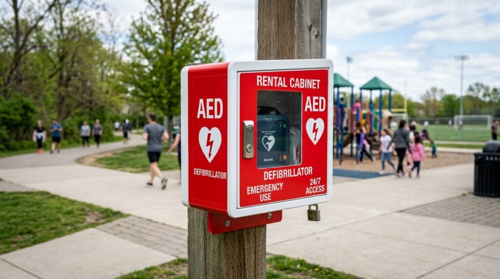 Close-up of a sleek red and white AED defibrillator rental c