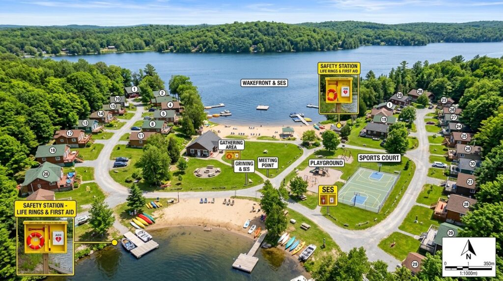 Aerial view of a summer cottage community with multiple outd