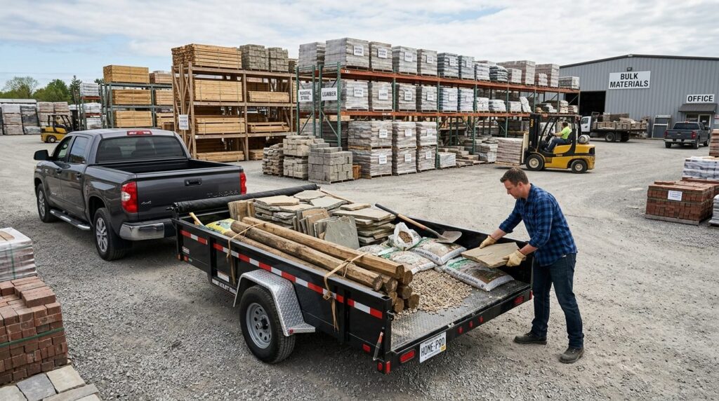 Wide-angle photograph of a homeowners open trailer being lo
