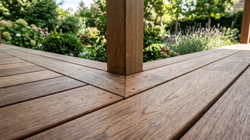 Close-up photorealistic shot of high-quality wooden terrace