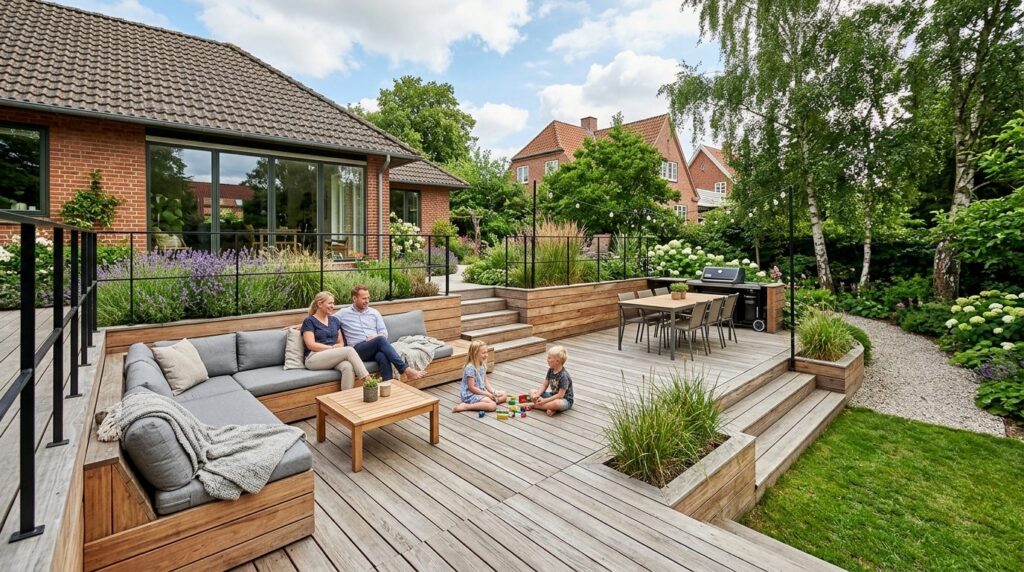 Wide photorealistic view of a completed modern wooden terrac