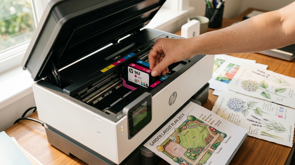 Close-up detail shot of a printer cartridge being inserted i