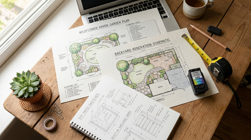 Flat lay composition of a home office desk featuring high-qu