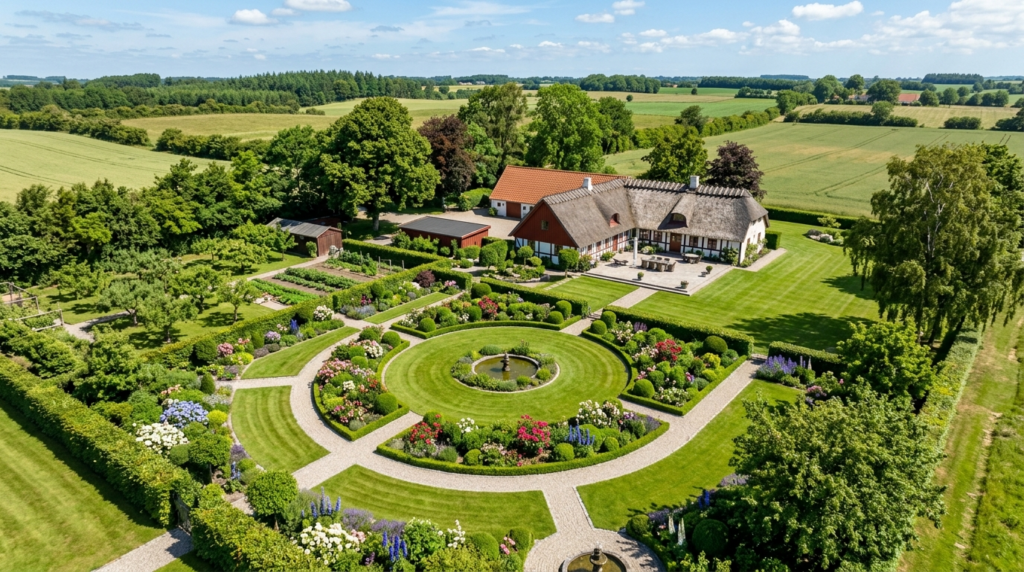 Aerial view of a well-maintained private residential garden 