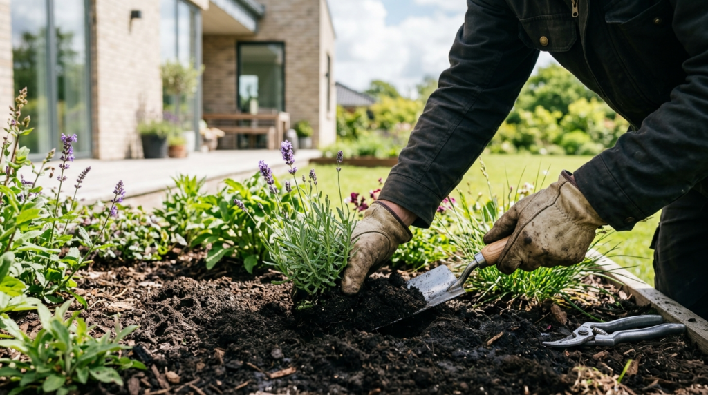 Close-up of professional gardeners hands using premium gard