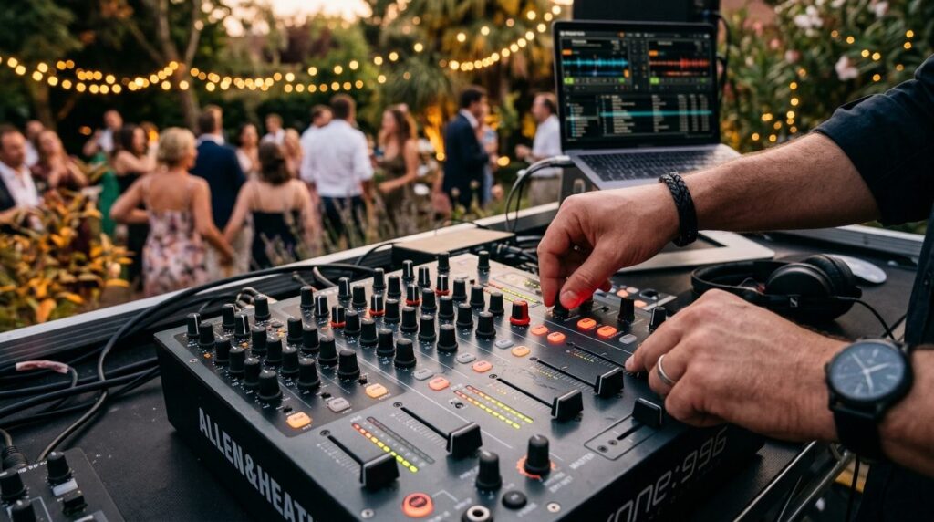 Close-up of hands adjusting DJ mixer faders and effect knobs