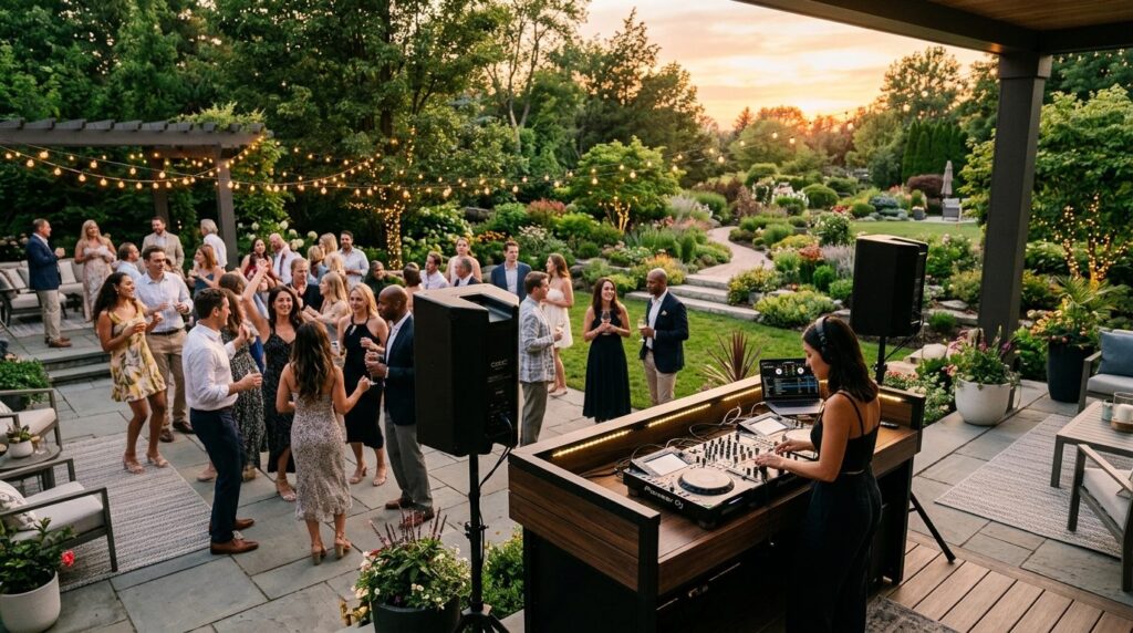 Outdoor backyard party scene with DJ equipment on modern tab