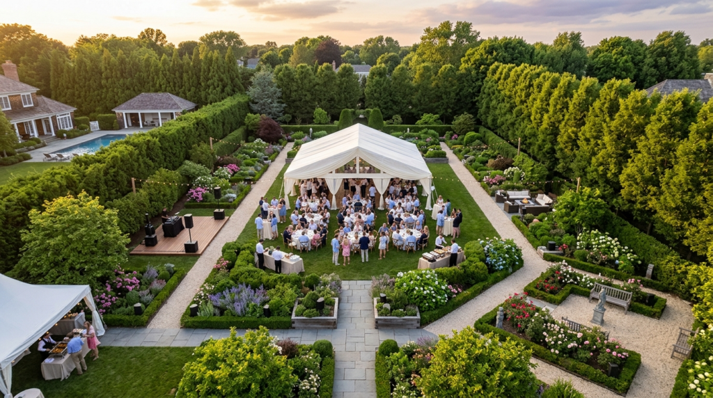 Aerial overhead view of well-planned garden summer party wit