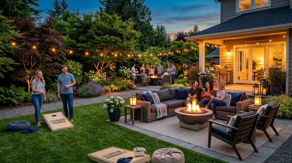 Wide angle shot of a stylishly decorated backyard garden lou