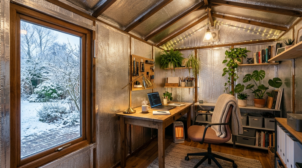 Cozy well-insulated garden shed interior transformed for yea