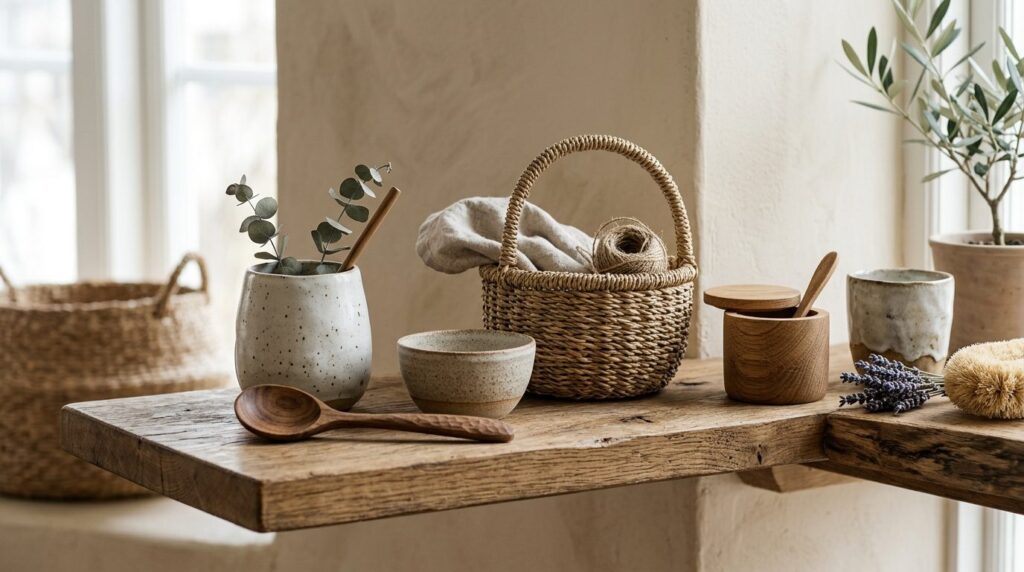 Close-up detail shot of artisanal wooden homeware and natura