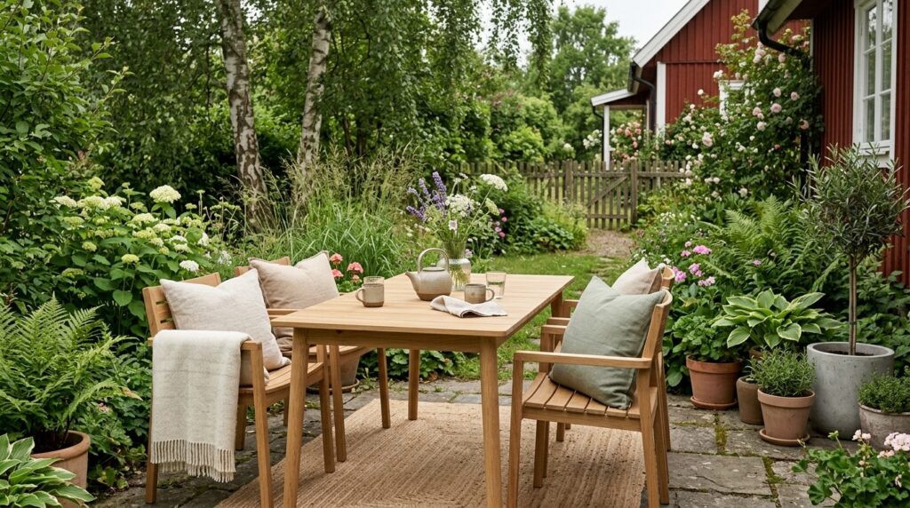 Serene outdoor garden seating area with natural materials, f